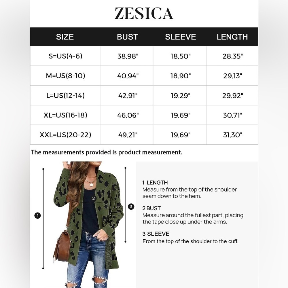 ZESICA Women’s Long Sleeve Open Front Leopard Print Cardigan Green Size Large - Picture 8 of 9